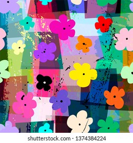 abstract geometric background composition, with paint strokes, splashes and little flowers, seamless pattern