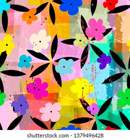 abstract geometric background composition, with paint strokes, splashes and little flowers, seamless pattern