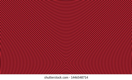 Abstract geometric background with concentric circles converging in the center.  Red and black equal lines. Vector backdrop with creative hypnotic effect concentrating on the object in the center.