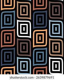 Abstract geometric background with concentric square block shapes in a simple, modern design. Contemporary ethnic style. Seamless repeating pattern. Colorful vector illustration.