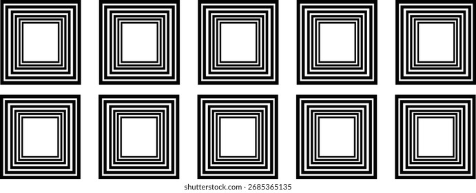 Abstrakter geometrischer Hintergrund mit konzentrischen Quadraten.
​ Muster aus schwarz-weißen quadratischen Rahmen.
​Minimalistische Liniendarstellung mit sich wiederholenden Quadraten