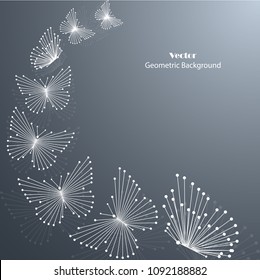 Abstract geometric background with connected lines and dots in a shape of butterflies. Vector illustration.