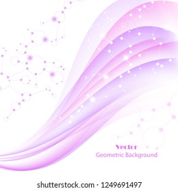 Abstract geometric background with connected lines, circles and dots. Vector illustration on wave flow background.