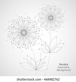 Abstract geometric background with connected lines and dots in a shape of flowers. Vector illustration.