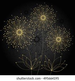 Abstract geometric background with connected lines and dots in a shape of flowers. Vector illustration.