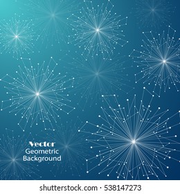 Abstract geometric background with connected lines and dots in a shape of snowflakes. Vector illustration.