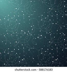 Abstract geometric background with connected lines and dots. Vector illustration on turquoise background.