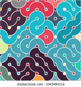 Abstract geometric background consisting of circles of different diameter and size and smoothly curving lines. Colorful creative backdrop