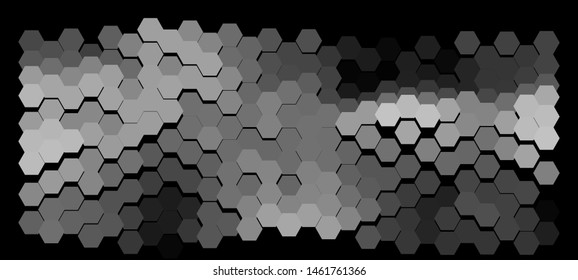 Abstract geometric background consisting of hexagons in a greyscale colors against black backdrop. Vector illustration of a mosaic pattern. Creative graphic design for poster,brochure,flyer and card.