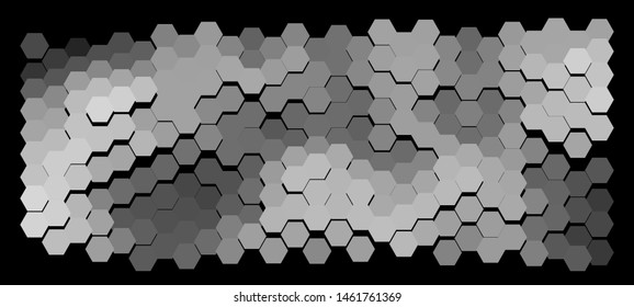 Abstract geometric background consisting of hexagons in a greyscale colors against black backdrop. Vector illustration of a mosaic pattern. Creative graphic design for poster,brochure,flyer and card.