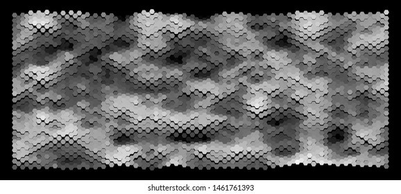 Abstract geometric background consisting of hexagons in a greyscale colors against black backdrop. Vector illustration of a mosaic pattern. Creative graphic design for poster,brochure,flyer and card.