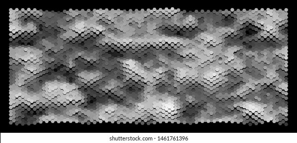 Abstract geometric background consisting of hexagons in a greyscale colors against black backdrop. Vector illustration of a mosaic pattern. Creative graphic design for poster,brochure,flyer and card.
