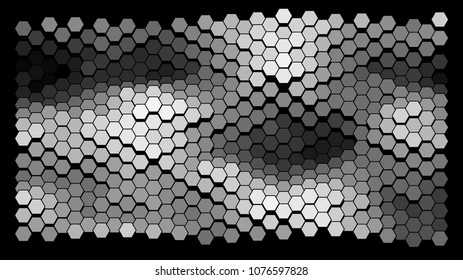 Abstract geometric background consisting of a multicolored hexagons against black backdrop. Creative wavy wallpaper. Vector illustration of a mosaic pattern.