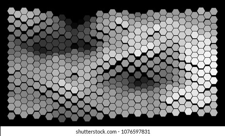 Abstract geometric background consisting of a multicolored hexagons against black backdrop. Creative wavy wallpaper. Vector illustration of a mosaic pattern.