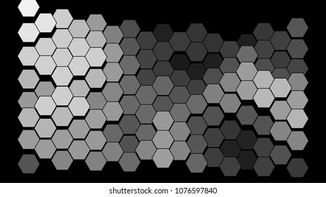 Abstract geometric background consisting of a multicolored hexagons against black backdrop. Creative wavy wallpaper. Vector illustration of a mosaic pattern.