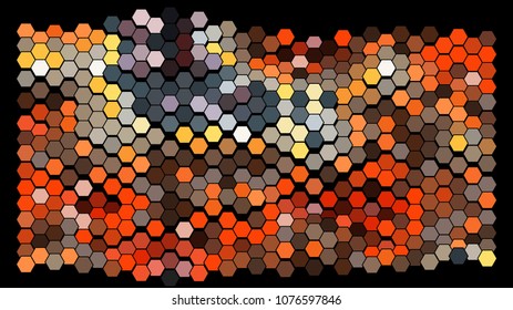 Abstract geometric background consisting of a multicolored hexagons against black backdrop. Creative wavy wallpaper. Vector illustration of a mosaic pattern.