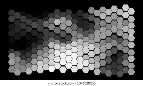 Abstract geometric background consisting of a multicolored hexagons against black backdrop. Creative wavy wallpaper. Vector illustration of a mosaic pattern.