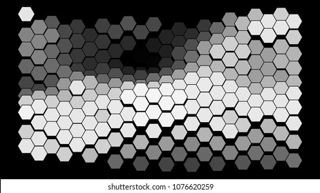Abstract geometric background consisting of a multicolored hexagons against black backdrop. Creative wavy wallpaper. Vector illustration of a mosaic pattern.