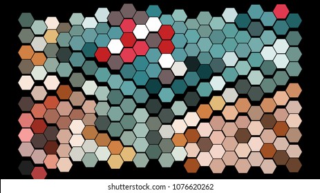 Abstract geometric background consisting of a multicolored hexagons against black backdrop. Creative wavy wallpaper. Vector illustration of a mosaic pattern.