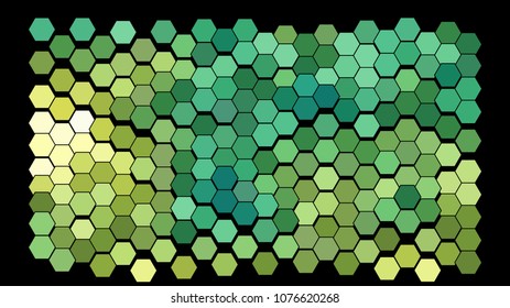 Abstract geometric background consisting of a multicolored hexagons against black backdrop. Creative wavy wallpaper. Vector illustration of a mosaic pattern.