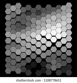 Abstract geometric background consisting of a multicolored hexagons against black backdrop. Creative wavy wallpaper. Vector illustration of a mosaic pattern.