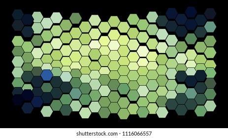 Abstract geometric background consisting of a multicolored hexagons against black backdrop. Creative wavy wallpaper. Vector illustration of a mosaic pattern.