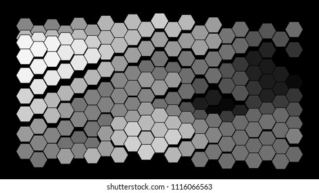 Abstract geometric background consisting of a multicolored hexagons against black backdrop. Creative wavy wallpaper. Vector illustration of a mosaic pattern.