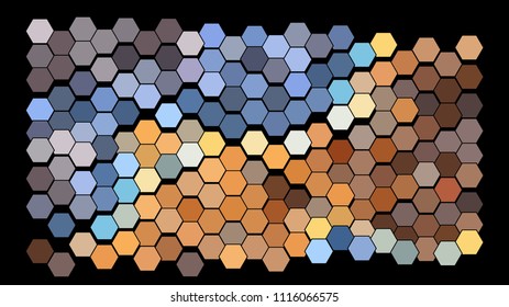 Abstract geometric background consisting of a multicolored hexagons against black backdrop. Creative wavy wallpaper. Vector illustration of a mosaic pattern.