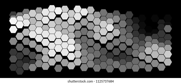 Abstract geometric background consisting of a multicolored hexagons against black backdrop. Vector illustration of a mosaic pattern. The image format is suitable for printing on a mug. 