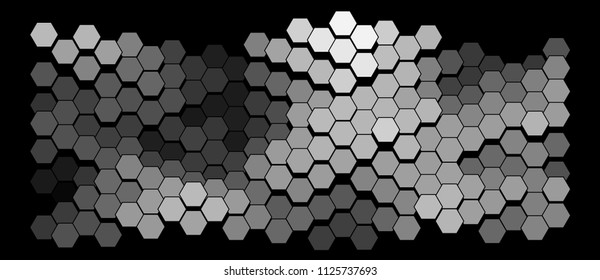 Abstract geometric background consisting of a multicolored hexagons against black backdrop. Vector illustration of a mosaic pattern. The image format is suitable for printing on a mug. 