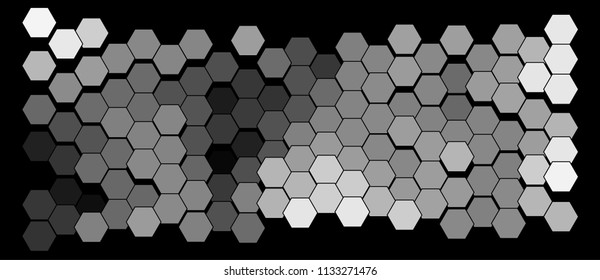 Abstract geometric background consisting of a multicolored hexagons against black backdrop. Creative wavy wallpaper. Vector illustration of a mosaic pattern.