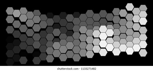 Abstract geometric background consisting of a multicolored hexagons against black backdrop. Creative wavy wallpaper. Vector illustration of a mosaic pattern.