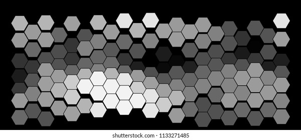 Abstract geometric background consisting of a multicolored hexagons against black backdrop. Creative wavy wallpaper. Vector illustration of a mosaic pattern.