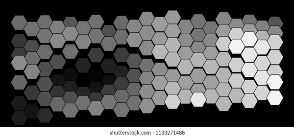 Abstract geometric background consisting of a multicolored hexagons against black backdrop. Creative wavy wallpaper. Vector illustration of a mosaic pattern.
