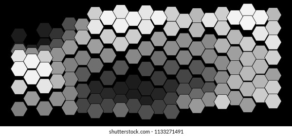 Abstract geometric background consisting of a multicolored hexagons against black backdrop. Creative wavy wallpaper. Vector illustration of a mosaic pattern.