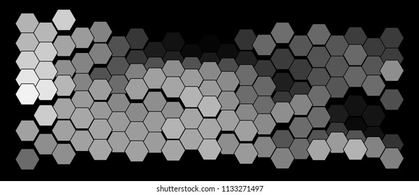 Abstract geometric background consisting of a multicolored hexagons against black backdrop. Creative wavy wallpaper. Vector illustration of a mosaic pattern.