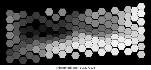 Abstract geometric background consisting of a multicolored hexagons against black backdrop. Creative wavy wallpaper. Vector illustration of a mosaic pattern.