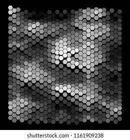 Abstract geometric background consisting of a multicolored hexagons against black backdrop. Creative wavy wallpaper. Vector illustration of a mosaic pattern.