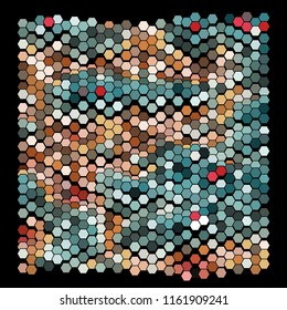 Abstract geometric background consisting of a multicolored hexagons against black backdrop. Creative wavy wallpaper. Vector illustration of a mosaic pattern.