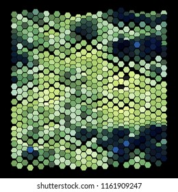 Abstract geometric background consisting of a multicolored hexagons against black backdrop. Creative wavy wallpaper. Vector illustration of a mosaic pattern.