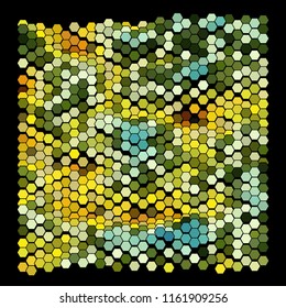 Abstract geometric background consisting of a multicolored hexagons against black backdrop. Creative wavy wallpaper. Vector illustration of a mosaic pattern.