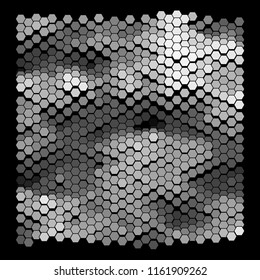 Abstract geometric background consisting of a multicolored hexagons against black backdrop. Creative wavy wallpaper. Vector illustration of a mosaic pattern.