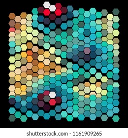 Abstract geometric background consisting of a multicolored hexagons against black backdrop. Creative wavy wallpaper. Vector illustration of a mosaic pattern.