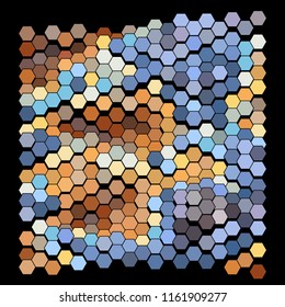 Abstract geometric background consisting of a multicolored hexagons against black backdrop. Creative wavy wallpaper. Vector illustration of a mosaic pattern.