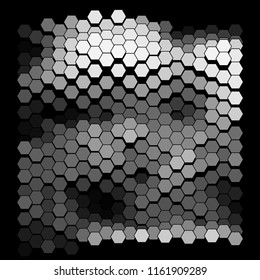 Abstract geometric background consisting of a multicolored hexagons against black backdrop. Creative wavy wallpaper. Vector illustration of a mosaic pattern.