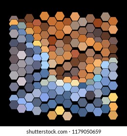 Abstract geometric background consisting of a multicolored hexagons against black backdrop. Creative wavy wallpaper. Vector illustration of a mosaic pattern.