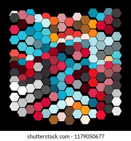 Abstract geometric background consisting of a multicolored hexagons against black backdrop. Creative wavy wallpaper. Vector illustration of a mosaic pattern.