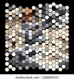 Abstract geometric background consisting of a multicolored hexagons against black backdrop. Creative wavy wallpaper. Vector illustration of a mosaic pattern.