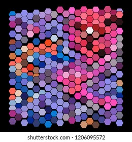 Abstract geometric background consisting of a multicolored hexagons against black backdrop. Creative wavy wallpaper. Vector illustration of a mosaic pattern.