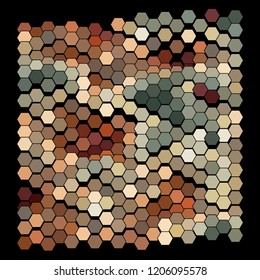 Abstract geometric background consisting of a multicolored hexagons against black backdrop. Creative wavy wallpaper. Vector illustration of a mosaic pattern.